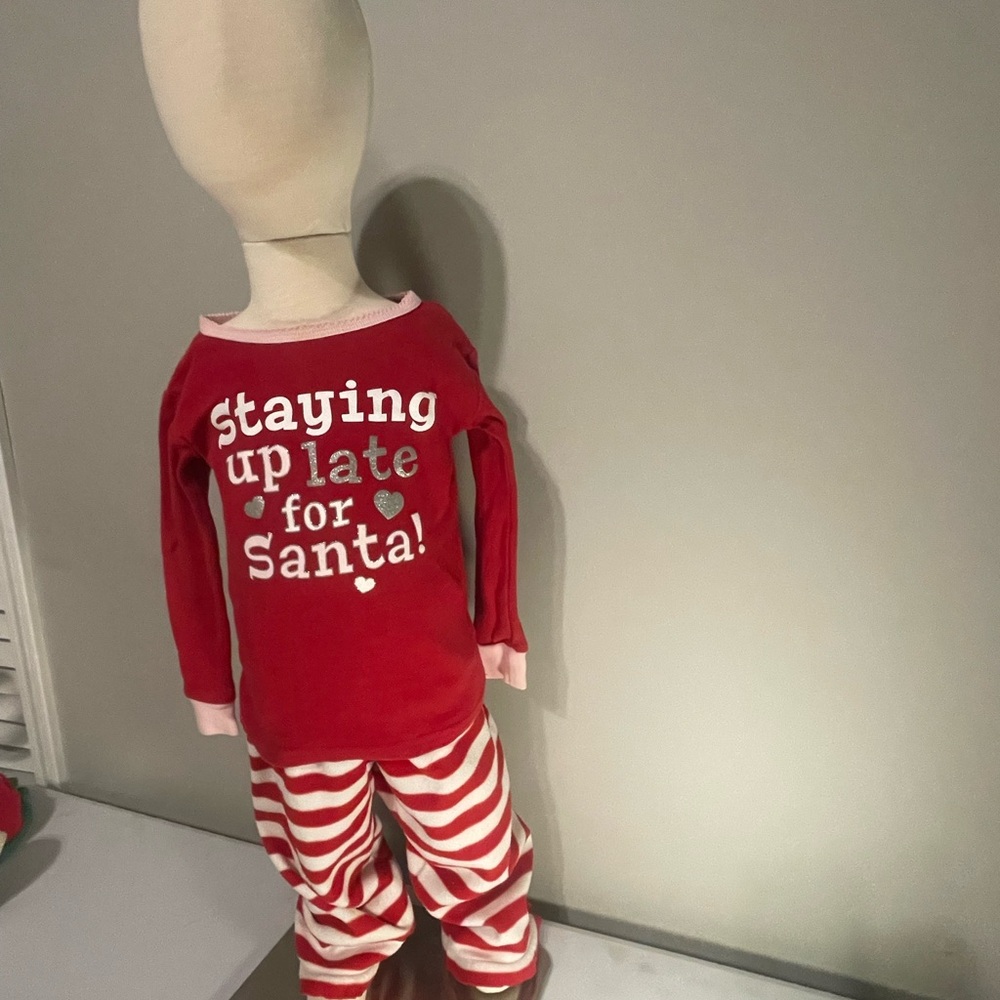 Red and White Christmas Pajama Set “Staying Up Late for Santa” 2T